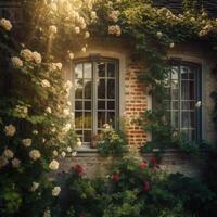wijnoogst ramen met Open houten luiken en vers bloemen. .gemaakt met generatief ai foto