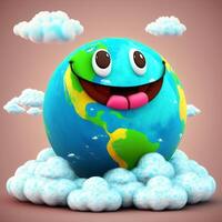 3d grappig tekenfilm planeet aarde omringd door wolken, generatief ai foto