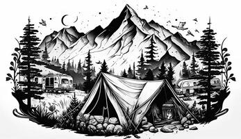 ai gegenereerd. ai genererend. wijnoogst retro camping tent in gravure stijl. avontuur reis reis motiverende poster. kan worden gebruikt voor decoratie en inspiratie. grafisch kunst foto