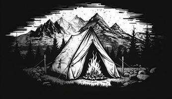ai gegenereerd. ai genererend. wijnoogst retro camping tent in gravure stijl. avontuur reis reis motiverende poster. kan worden gebruikt voor decoratie en inspiratie. grafisch kunst foto