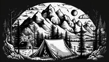 ai gegenereerd. ai genererend. wijnoogst retro camping tent in gravure stijl. avontuur reis reis motiverende poster. kan worden gebruikt voor decoratie en inspiratie. grafisch kunst foto