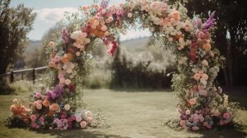 generatief ai, bruiloft ceremonie boho rustiek stijl boog met bloemen en planten, bloem boeketten. foto