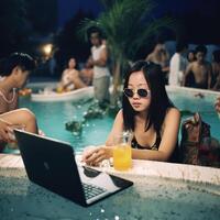 een hotel zwembad partij tafereel Chinese meisje werken generatief ai foto