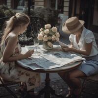 Parijs straat koffie tafel elegant Dames met bloemen generatief ai foto