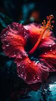 hibiscus bloem met water druppels dichtbij omhoog schot generatief ai foto