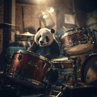 panda drummen voor rots band generatief ai foto