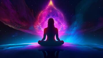 een Mens mediteren in muziek- meditatie neon licht beeld generatief ai foto