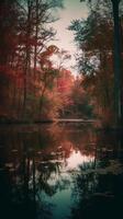 een sereen meer een Woud in herfst kleurrijk gebladerte generatief ai foto