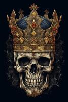 een schedel met een koningen kroon Aan blauw achtergrond generatief ai foto