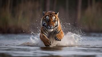 tijger rennen Aan de rivier- met een woest uitdrukking generatief ai foto