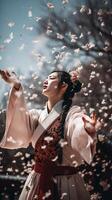 een Chinese mooi meisje proberen naar vangen sneeuw bloemblaadjes vliegend in de lucht generatief ai foto