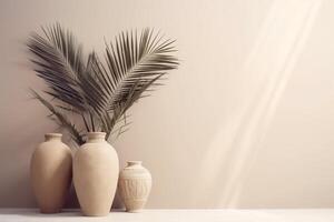 ai gegenereerd binnen- visie met potten en palm bladeren foto