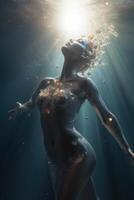 een vol lichaam beeld van zee godin zwemmen in de zee generatief ai foto