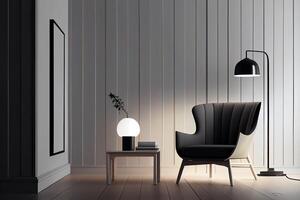 generatief ai illustratie van fauteuil, koffie tafel, hout paneel, verdieping lamp, en blanco muur in modern minimalistische kamer. bespotten omhoog voor een illustratie. foto