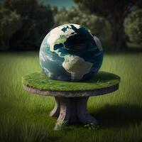 illustratie van planeet aarde Aan de tafel en gras, wereldbol Aan de tafel gras, generatief ai foto