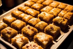 traditioneel Turks toetje baklava met cachou, walnoten. eigengemaakt baklava met noten en honing. generatief ai foto