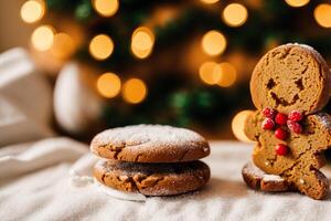 Kerstmis peperkoek koekjes met suikerglazuur suiker Aan de achtergrond van de Kerstmis boom. peperkoek Mens. generatief ai foto
