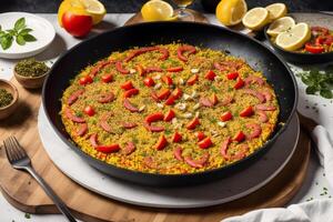 paëlla, traditioneel Spaans schotel gemaakt met rijst, kip en groenten, geserveerd in een pan. paella met zeevruchten. Spaans keuken. generatief ai foto