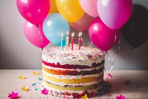 verjaardag taart met kaarsen, ballonnen en confetti Aan de tafel. generatief ai foto