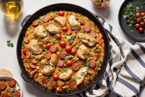 paëlla, traditioneel Spaans schotel gemaakt met rijst, kip en groenten, geserveerd in een pan. paella met zeevruchten. Spaans keuken. generatief ai foto