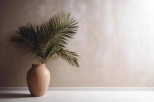 ai gegenereerd binnen- visie met pot en palm bladeren foto