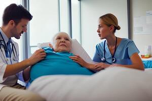 een verpleegster praat naar een geduldig in een ziekenhuis bed. ai generatief foto