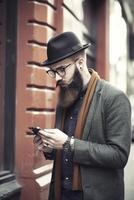 jong mannetje hipster op zoek Bij smartphones Bij stad, ai generatief foto