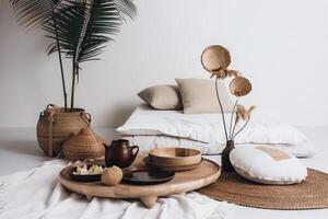 ai gegenereerd binnenshuis slaapkamer in boho stijl foto