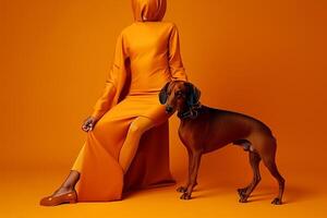 ai gegenereerd vrouw met weimaraner hond in futuristische stijl foto