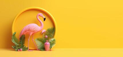 zomer feestelijk met flamingo Aan geel achtergrond, tropisch zomer tijd. generatief ai foto