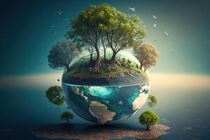 miniatuur planeet aarde met bomen, fauna. concept voor aarde dag. ai gegenereerd. foto