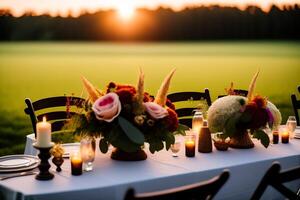 bruiloft tafel instelling met bloemen en serviesgoed Aan de gras. ai generatief foto