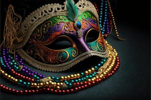 Venetiaanse carnaval masker en kralen decoratie achtergrond door ai gegenereerd foto