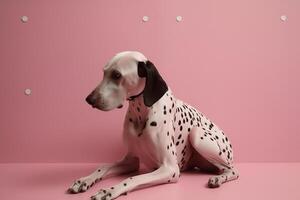 ai gegenereerd dalmatiër hond in roze achtergrond foto