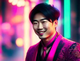 Aziatisch Mens met roze pak en neon verlichting achtergrond illustratie aig foto
