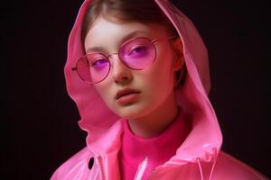 ai gegenereerd vrouw met roze bril en kleding foto