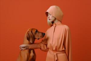 ai gegenereerd vrouw met weimaraner hond in futuristische stijl foto