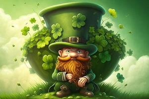 generatief ai illustratie van grillig Iers tekenfilm, sharock, bier, groente, pot van goud, gelukkig st Patrick dag, filigraan papier besnoeiing kunst foto