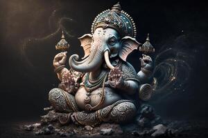 generatief ai illustratie van ganesha Hindoe god , met bloemen, olie schilderij genomen omhoog in de hemel, zittend in voorkant van bokeh mandala achtergrond foto