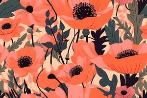 helder oranje roze klaprozen bloemen abstract illustratie naadloos patroon achtergrond met generatief ai foto