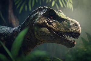 dinosaurus Tirex in de regen Woud. realistisch beeld van de dieren. generatief ai foto