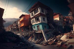 aardbeving, vernietigd huizen langs de straat. generatief ai foto