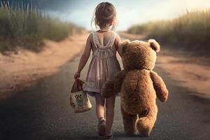 een weinig meisje wandelingen naar beneden de weg met een teddy beer. generatief ai foto