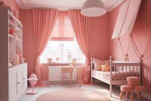 modern ontwerp van een kinderen kamer voor een weinig meisje in roze. generatief ai foto