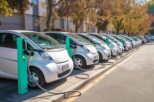 elektrisch auto's zijn geparkeerd in de parkeren veel voor opladen. generatief ai foto