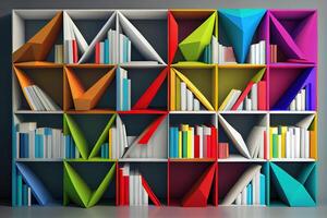 3d illustratie van wit boekenkasten met divers kleurrijk boeken. generatief ai foto