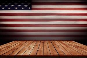 Verenigde Staten van Amerika stijl achtergrond - leeg houten tafel voor Scherm montages. gelukkig arbeid dag. generatief ai foto