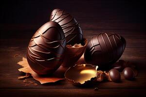 chocola eieren Aan donker houten achtergrond. generatief ai foto