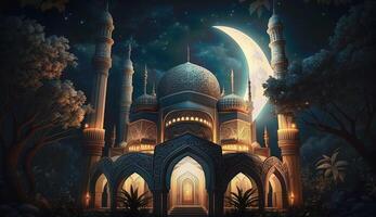 eid mubarak achtergrond, moskee in de maanlicht Bij nacht 3d illustratie, Arabisch lantaarns, ai generatief. foto