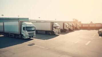 semi aanhangwagen vrachtwagens in logistiek en vervoer industrie. generatief ai foto